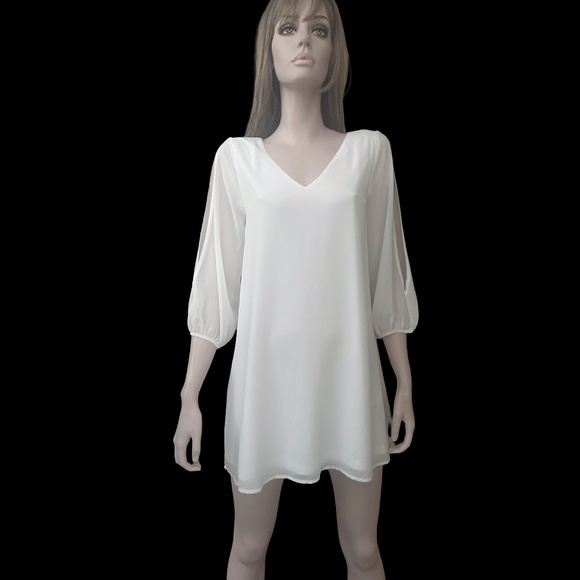 Lulu's Chiffon Cold Shoulder Shift Dress Tunic Wedding open sleeve Flowy Angelic - Picture 11 of 16